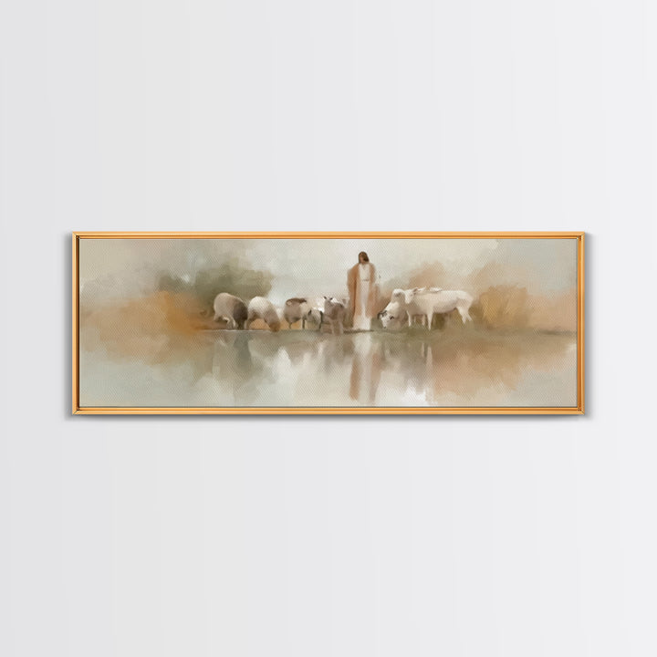 Gentle Pasture Light | Framed Canvas Print | Christian Wall Art | Panoramic Frame | Jesus Canvas Art | Christmas Art