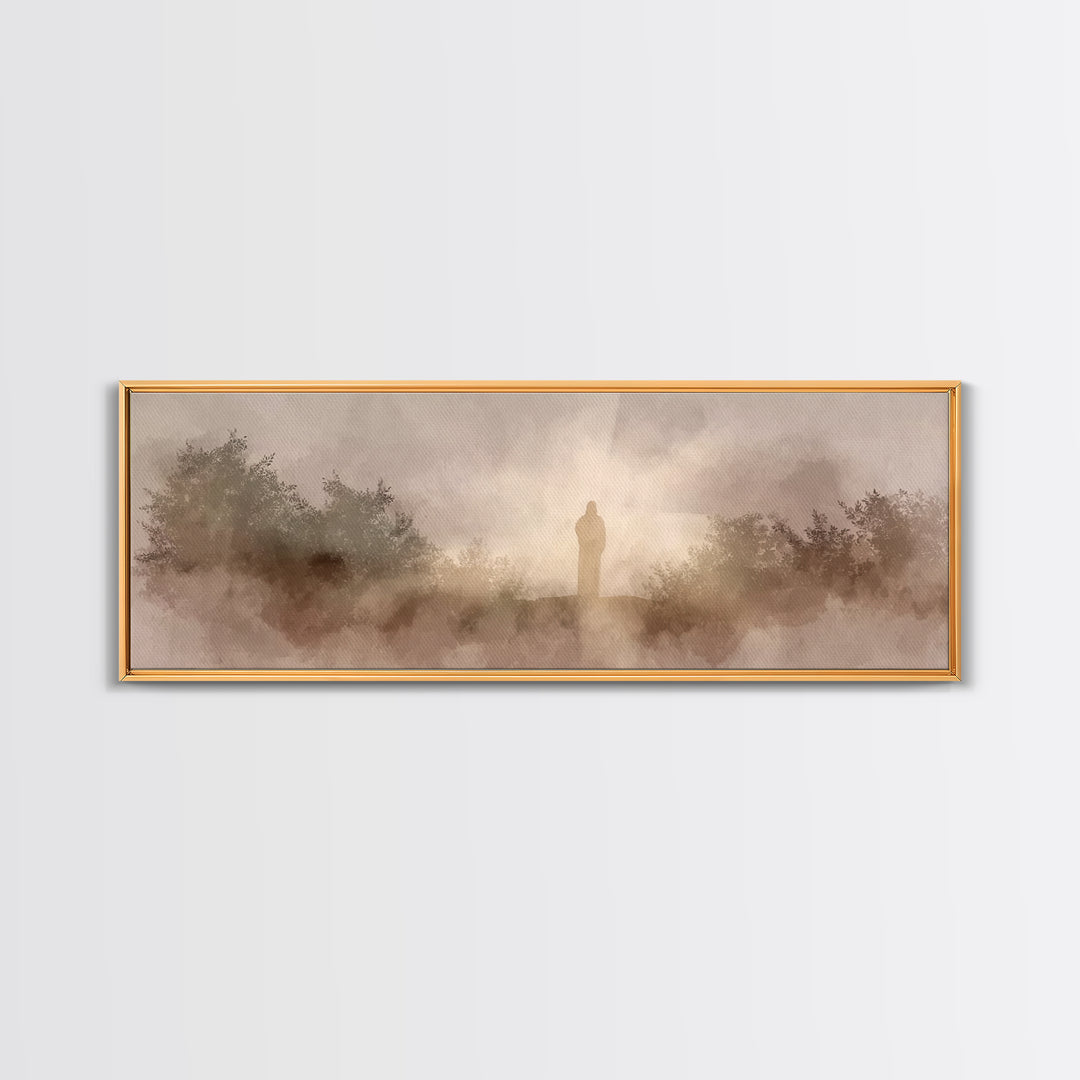 Hillside Redeemer, Framed Canvas Print, Christian Art, Jesus Wall Art, Panoramic Painting, Christian Christmas Art