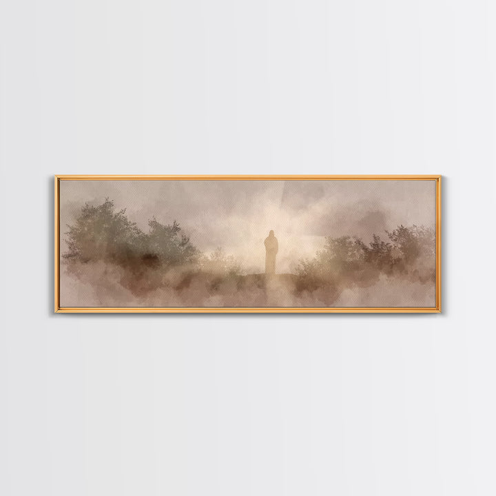 Hillside Redeemer, Framed Canvas Print, Christian Art, Jesus Wall Art, Panoramic Painting, Christian Christmas Art