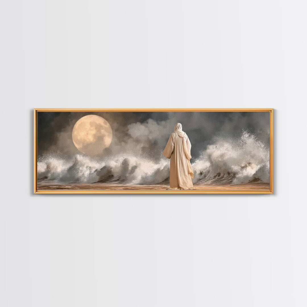 Moonlit Sea Grace | Framed Canvas Print | Panoramic Painting | Christian Wall Art | Jesus Canvas Art | Christian Art Print | Christian Deco