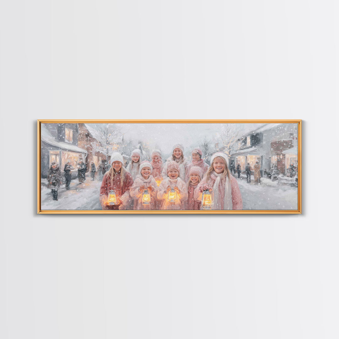 Joyful Lantern Parade, Framed Canvas Print, Panoramic Art, Christmas Wall Art, Christian Christmas Art, Christian Gift Ideas, Christian Art
