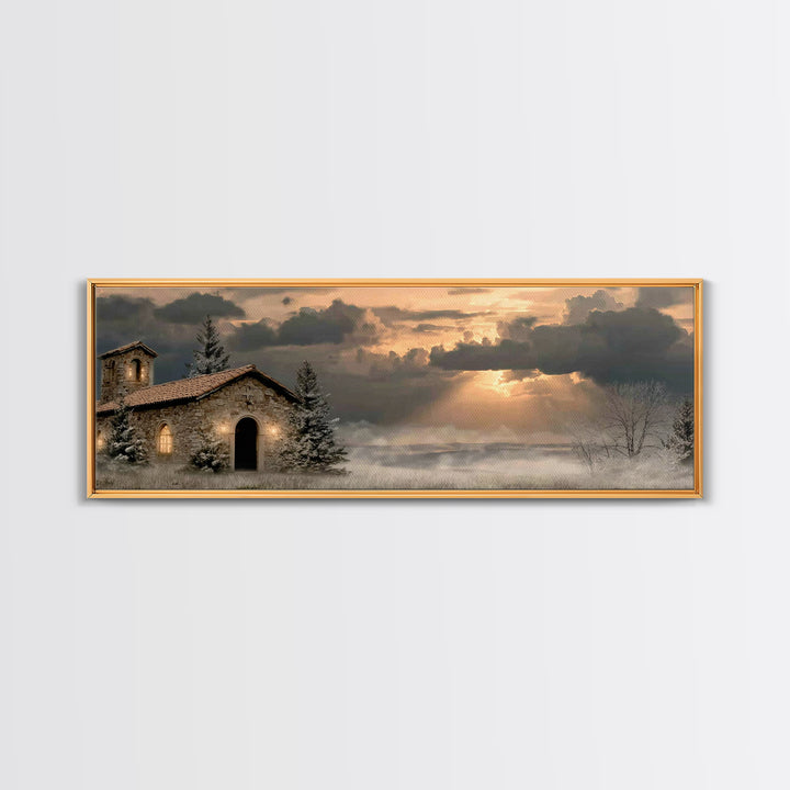 Chapel At Dawn | Framed Canvas Print | Panoramic Wall Art | Christian Art Canvas | Christian Wall Art | Christian Decor | Christmas Art