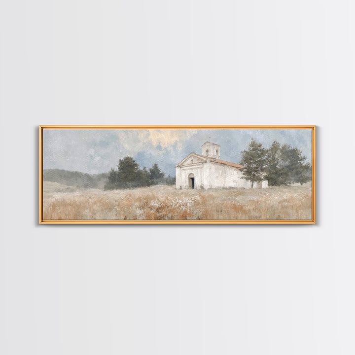 Hillside Parish Light – Framed Canvas Print – Panoramic Painting – Christian Art Canvas – Christian Wall Art – Christian Decor – Christmas