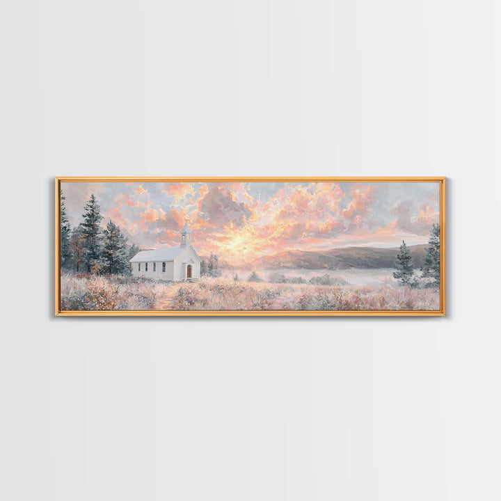 Morning Glory Chapel, Framed Canvas Print, Extra Wide Art, Christian Wall Art, Christian Christmas Art, Christian Art Canvas, Christmas Art