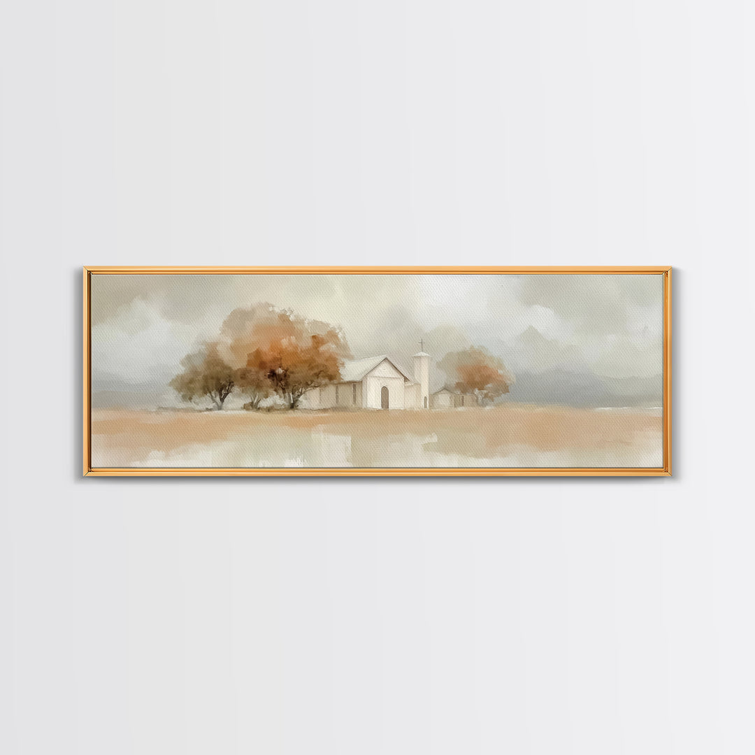 Autumn Church Peace | Framed Canvas Print | Panoramic Art | Christian Wall Art | Christian Art Canvas | Christian Decor | Christmas Art
