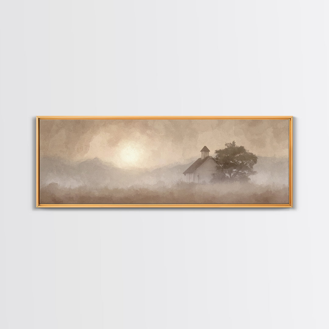 Rustic Chapel Mist – Framed Canvas Print – Panoramic Frame – Christian Art Canvas – Christian Wall Art – Christian Christmas Art – Christia