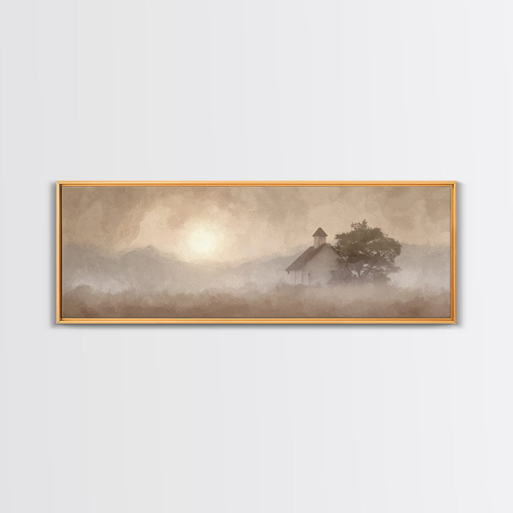 Rustic Chapel Mist – Framed Canvas Print – Panoramic Frame – Christian Art Canvas – Christian Wall Art – Christian Christmas Art – Christia