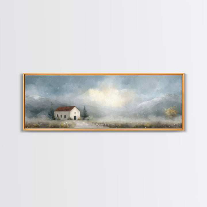 Valley Church Calm, Framed Canvas Print, Panoramic Painting, Christian Art Canvas, Christian Decor, Christian Christmas Art, Christian Wall