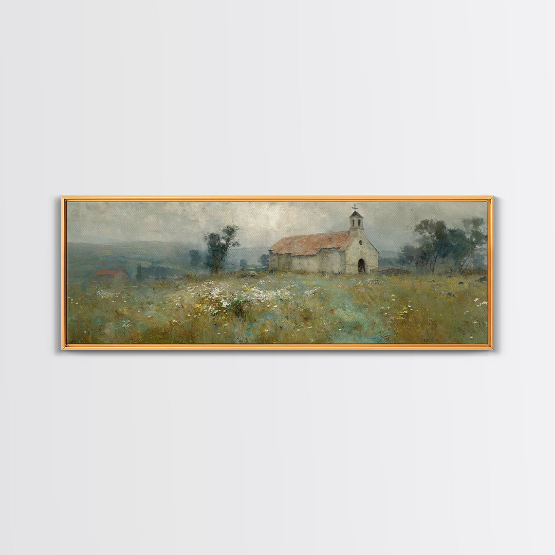 Fieldside Chapel Grace | Framed Canvas Print | Panoramic Wall Art | Christian Art Canvas | Christian Decor | Christian Art | Christmas Art