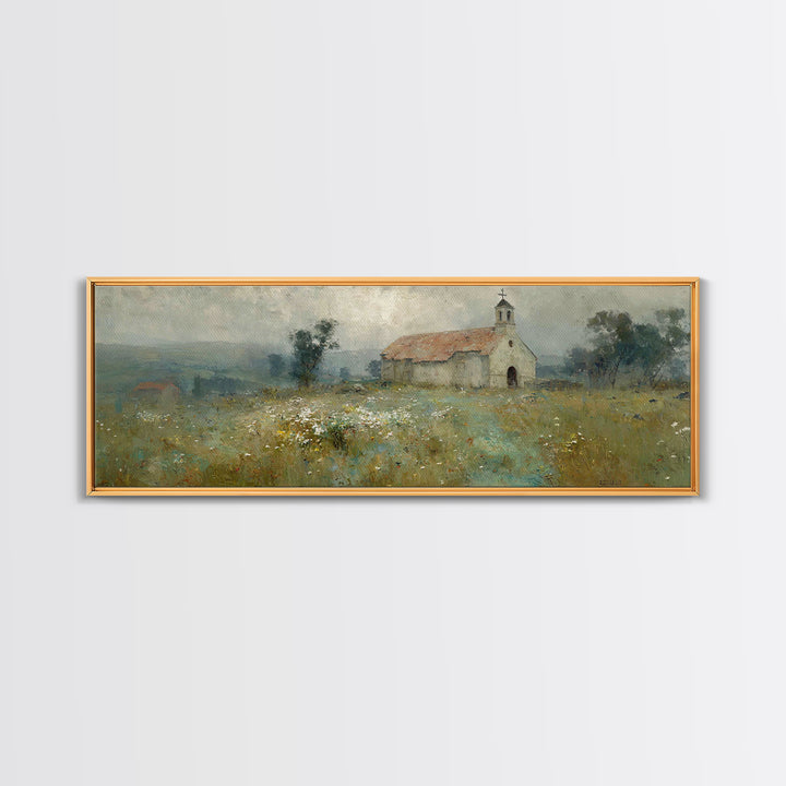 Fieldside Chapel Grace | Framed Canvas Print | Panoramic Wall Art | Christian Art Canvas | Christian Decor | Christian Art | Christmas Art