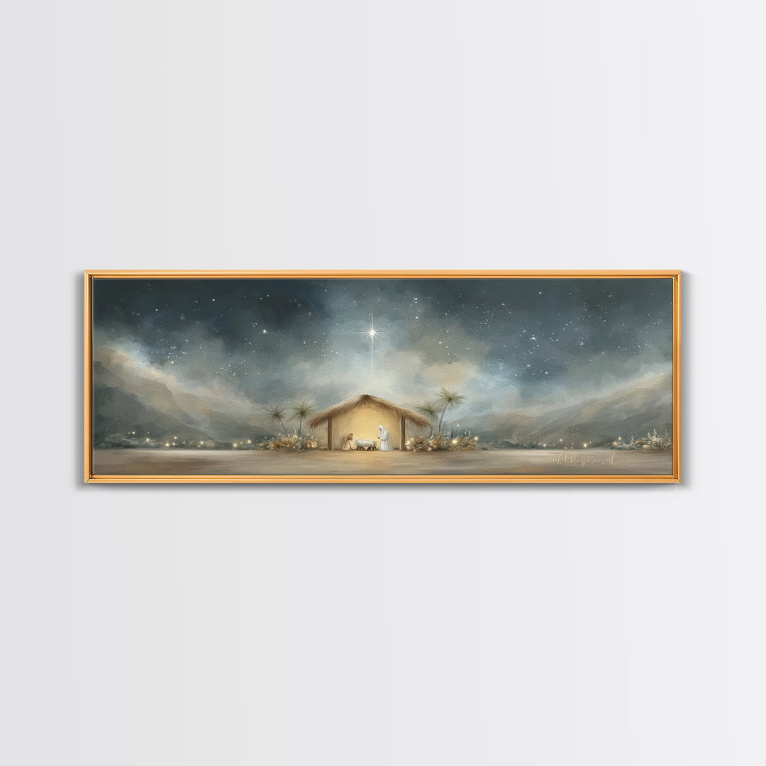 Holy Night Shelter, Framed Canvas Print, Panoramic Wall Art, Christian Art, Christmas Art Prints, Christian Christmas Decor, Jesus Painting