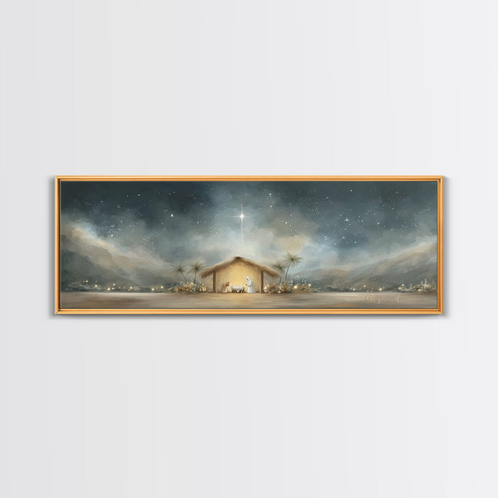 Holy Night Shelter, Framed Canvas Print, Panoramic Wall Art, Christian Art, Christmas Art Prints, Christian Christmas Decor, Jesus Painting