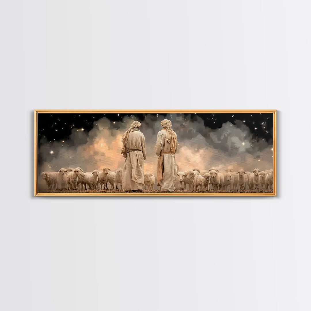 Starry Shepherd Watch – Framed Canvas Print – Panoramic Art – Christian Wall Art – Christian Art Canvas – Christmas Art – Jesus Painting