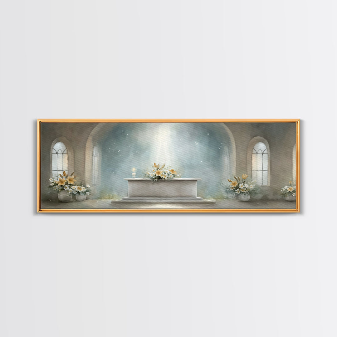 Radiant Sanctuary – Framed Canvas Print – Panoramic Frame – Christian Art Canvas – Christian Wall Art – Christmas Art – Christian Christmas