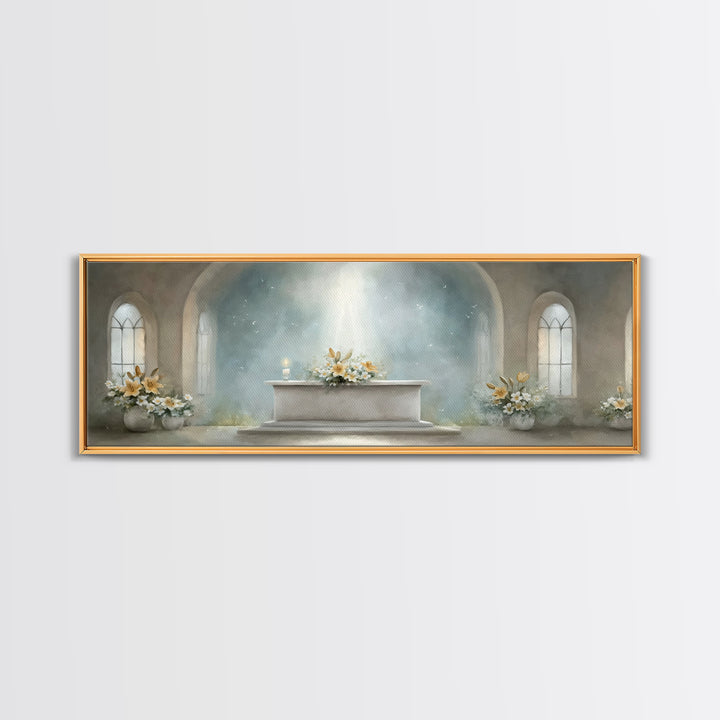 Radiant Sanctuary – Framed Canvas Print – Panoramic Frame – Christian Art Canvas – Christian Wall Art – Christmas Art – Christian Christmas