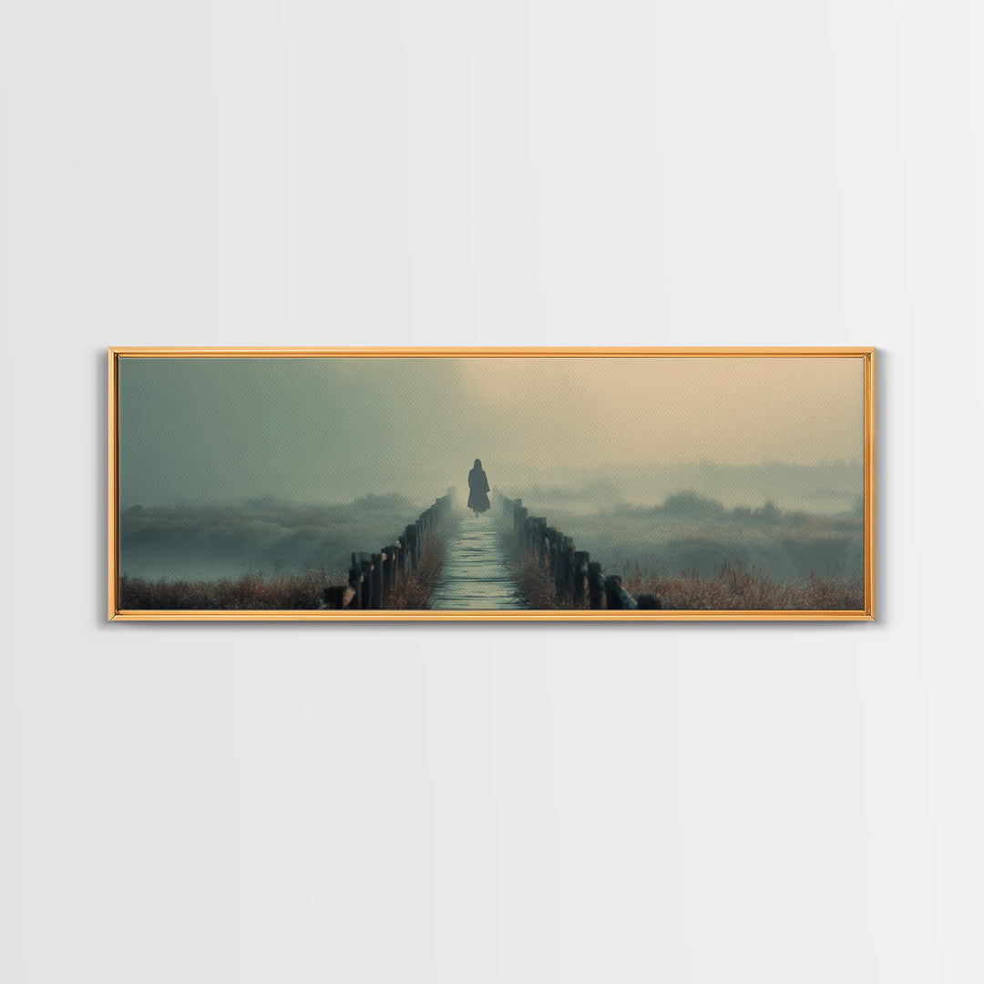 Misty Bridge Journey | Framed Canvas Print | Christian Wall Art | Jesus Painting | Panoramic Art | Christian Art Canvas | Christmas Art
