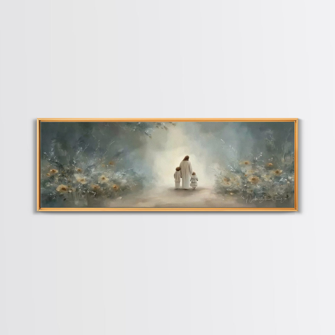 Golden Meadow Grace, Framed Canvas Print, Panoramic Wall Art, Christian Art Canvas, Jesus Painting, Christian Christmas Art, Christian Art