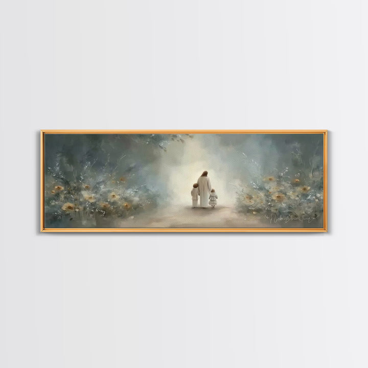 Golden Meadow Grace, Framed Canvas Print, Panoramic Wall Art, Christian Art Canvas, Jesus Painting, Christian Christmas Art, Christian Art