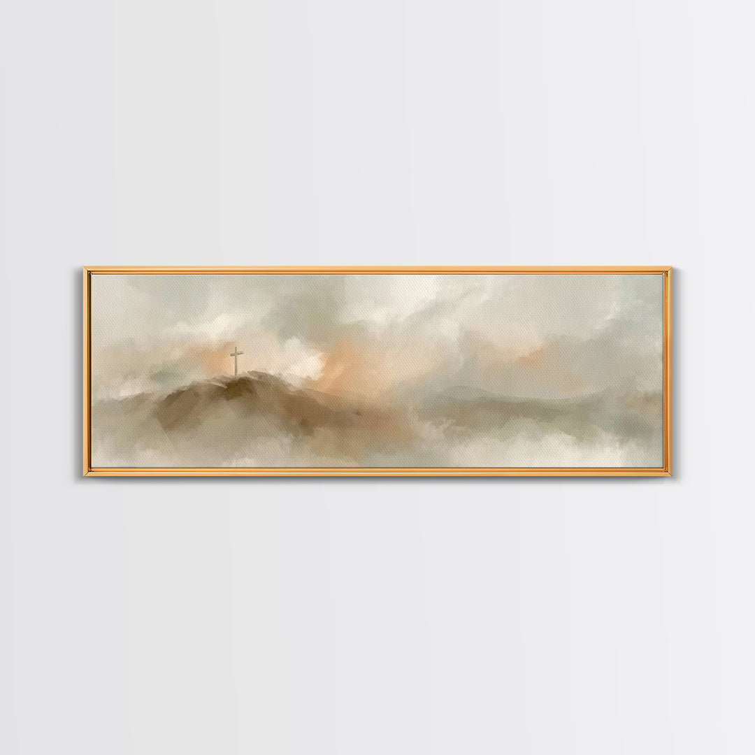 Cross On The Hill – Framed Canvas Print – Christian Art Print – Panoramic Painting – Christian Wall Art – Vintage Christian Art – Christian