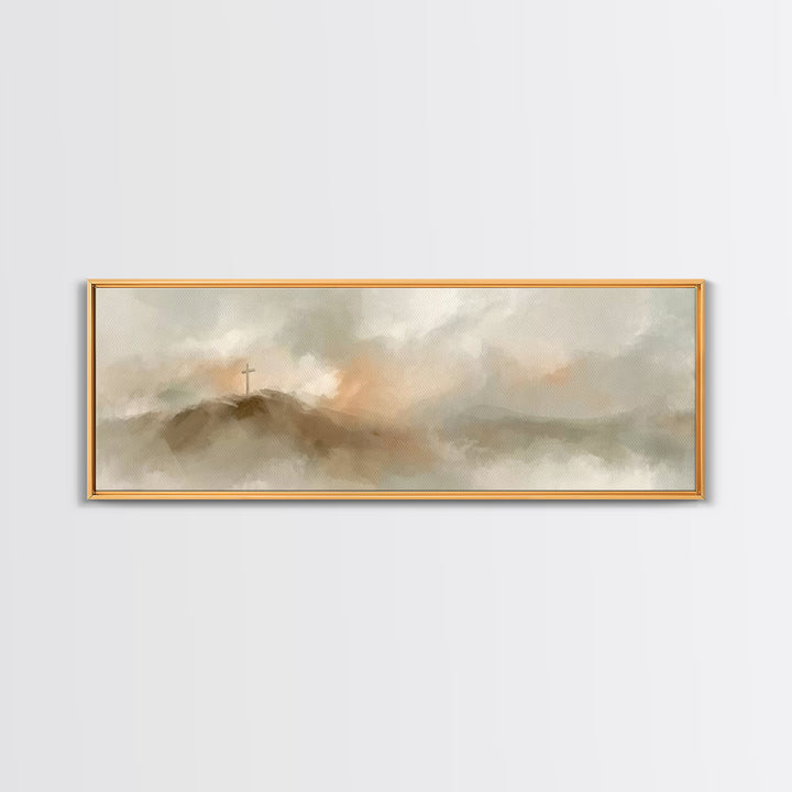 Cross On The Hill – Framed Canvas Print – Christian Art Print – Panoramic Painting – Christian Wall Art – Vintage Christian Art – Christian