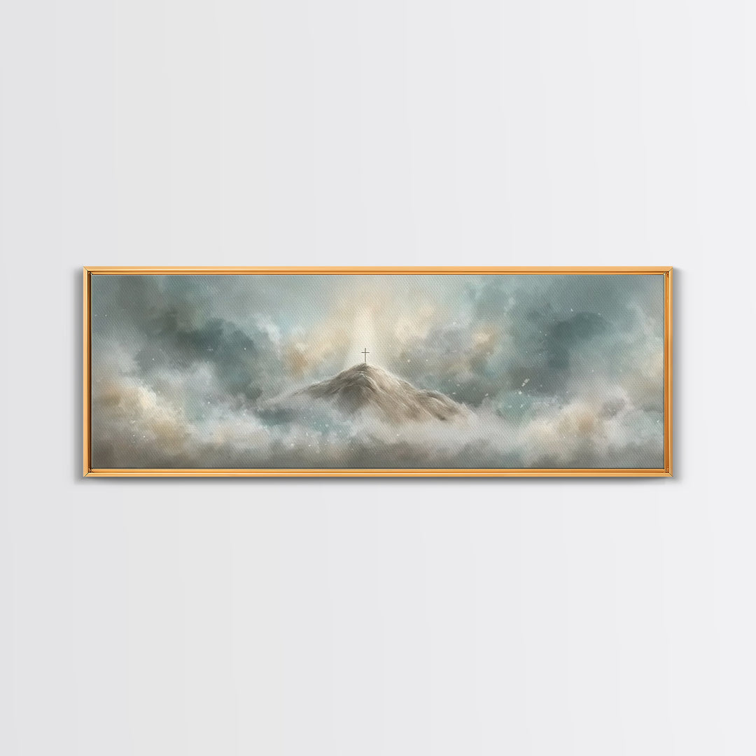 Peaceful Crossrise, Framed Canvas Print, Christian Art Print, Panoramic Painting, Christian Wall Art, Subtle Christian Art, Christian Gift