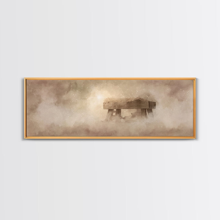 Manger Light Glory, Framed Canvas Print, Christian Art Canvas, Christian Wall Art, Panoramic Painting, Christmas Art Prints, Christian Deco