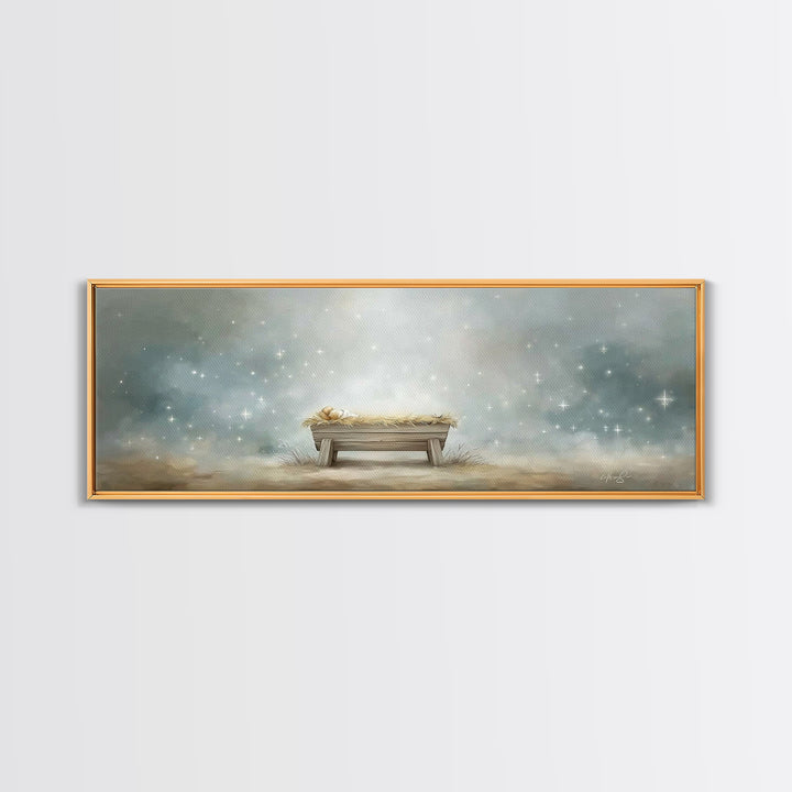 Starry Night Manger, Framed Canvas Print, Christian Christmas Art, Panoramic Art, Christian Wall Art, Jesus Painting
