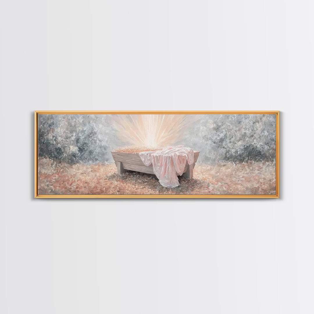 Radiant Manger Joy | Framed Canvas Print | Christian Art Canvas | Panoramic Wall Art | Christmas Wall Art | Christian Decor