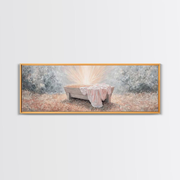 Radiant Manger Joy | Framed Canvas Print | Christian Art Canvas | Panoramic Wall Art | Christmas Wall Art | Christian Decor
