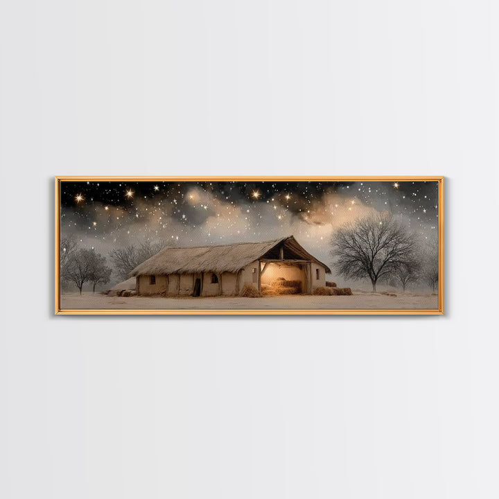 Starry Stable Night – Framed Canvas Print – Christian Christmas Art – Panoramic Painting – Christmas Wall Art – Christian Decor