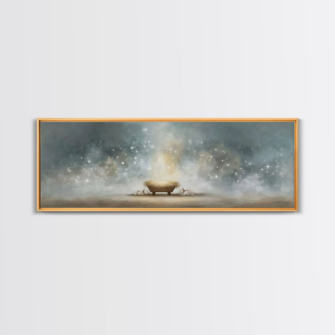 Heavenly Cradle Light, Framed Canvas Print, Panoramic Art, Christian Wall Art, Christmas Art Prints, Christian Art Canvas