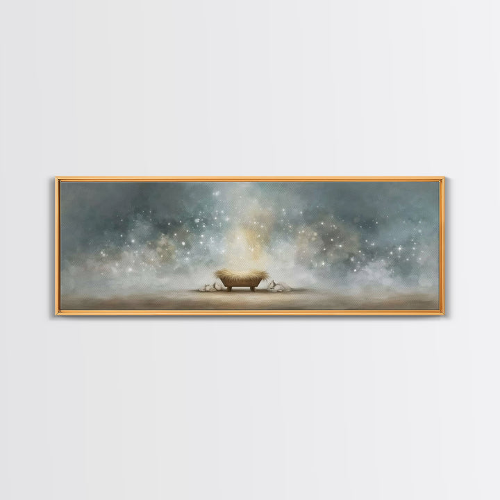 Heavenly Cradle Light, Framed Canvas Print, Panoramic Art, Christian Wall Art, Christmas Art Prints, Christian Art Canvas