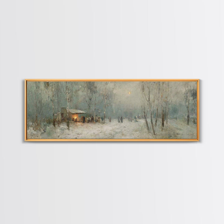 Winter Gathering Glow | Framed Canvas Print | Christian Wall Art | Panoramic Print | Christmas Art | Christian Gift Ideas