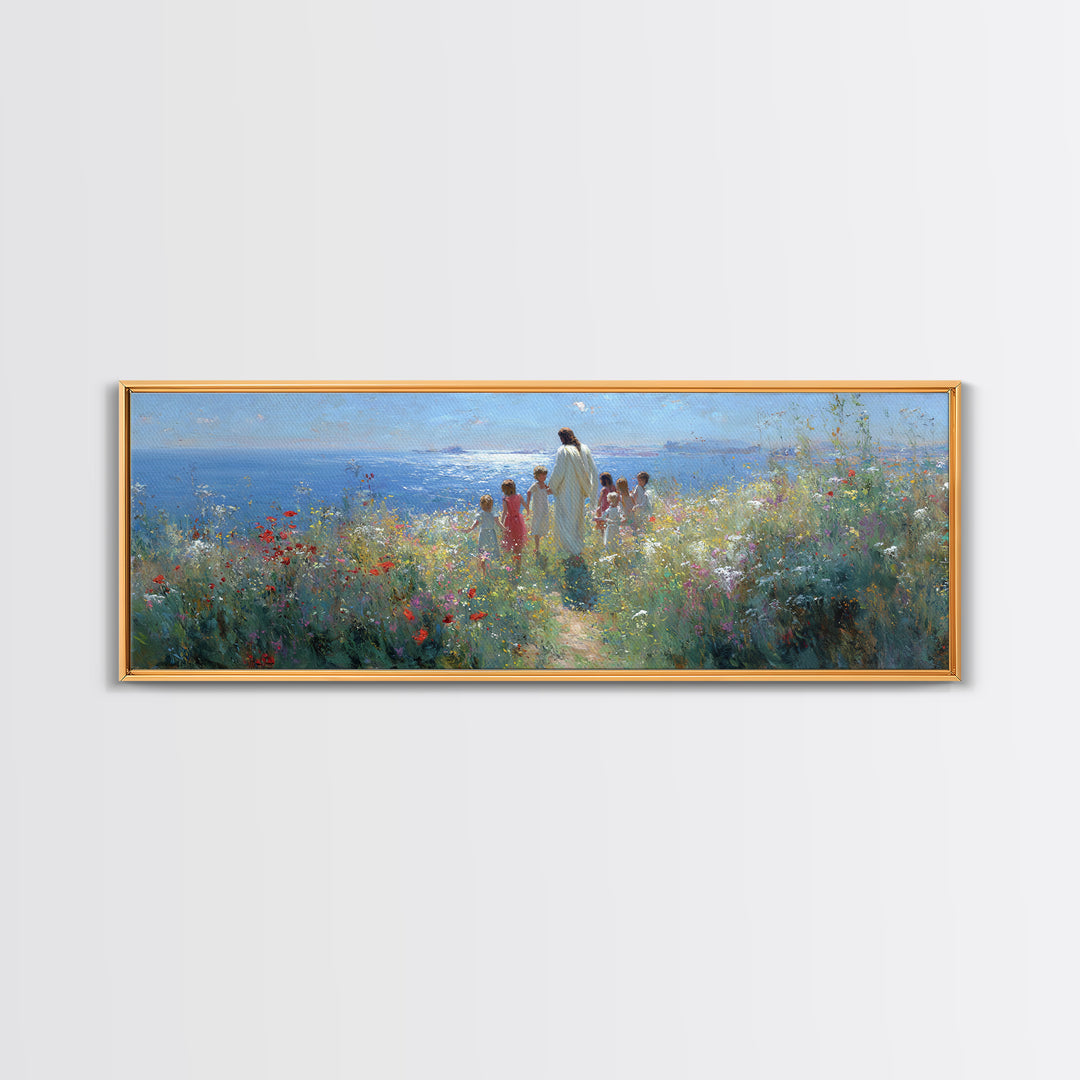 Gentle Dawn Presence | Framed Canvas Print | Christian Wall Art | Panoramic Painting | Christian Art Print | Jesus Painting