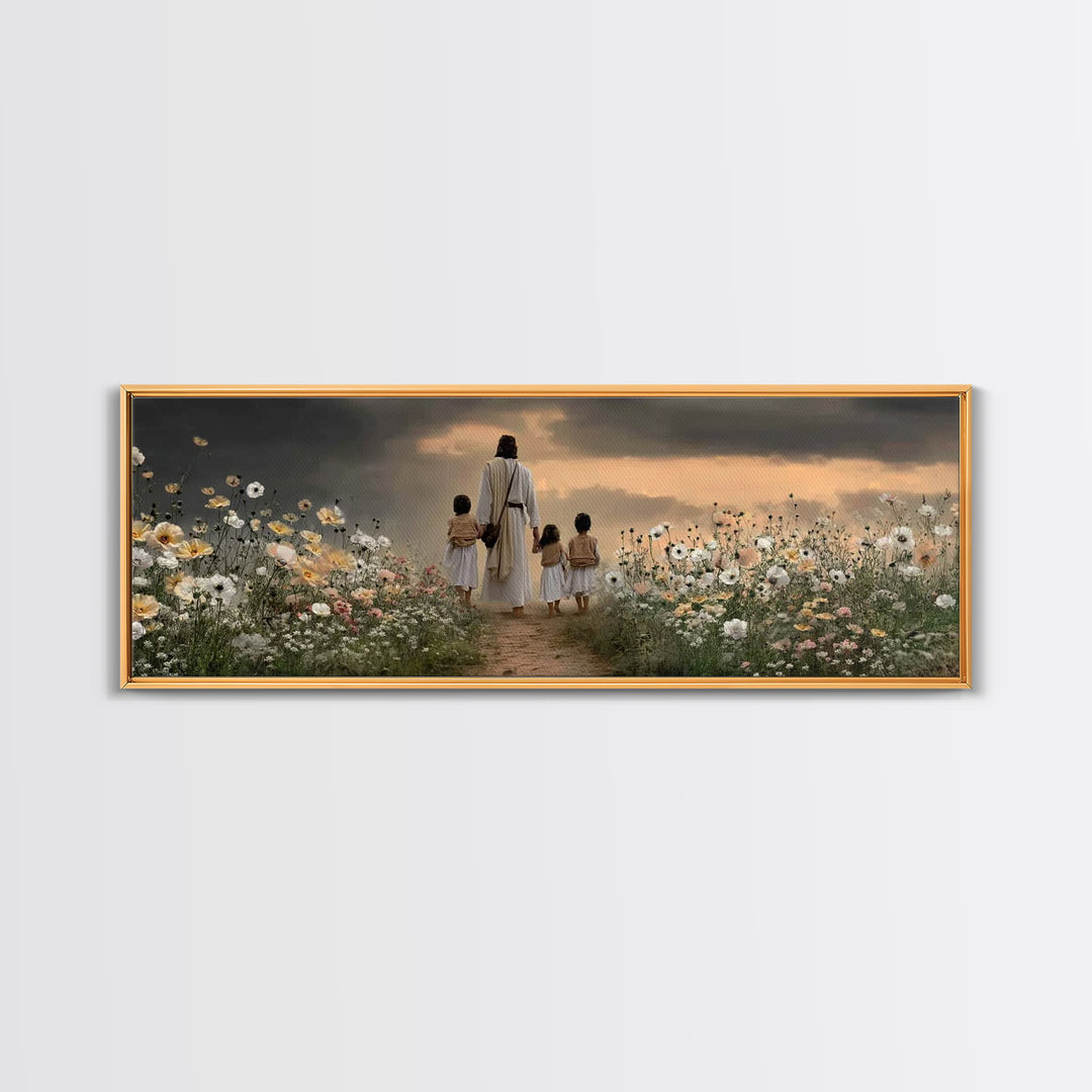 Children Of His Path, Framed Canvas Print, Panoramic Wall Art, Christian Art Canvas, Jesus Painting, Christian Decor For Home