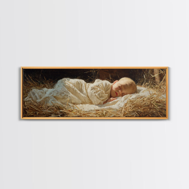 Manger Peace Glow | Framed Canvas Print | Panoramic Painting | Christian Christmas Art | Jesus Art Print | Christmas Wall Art