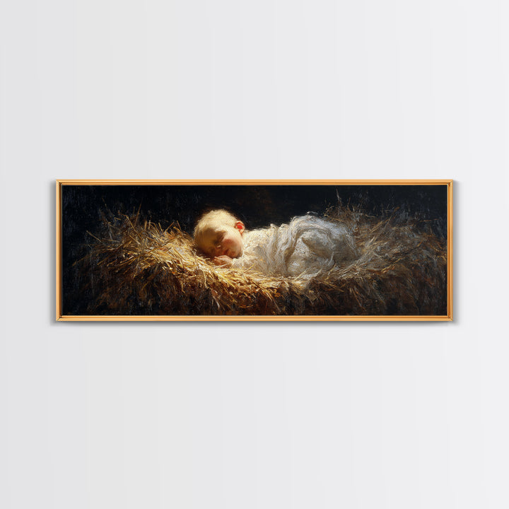 Divine Infant Rest - Framed Canvas Print - Christian Christmas Art - Panoramic Art - Christmas Wall Art - Jesus Painting