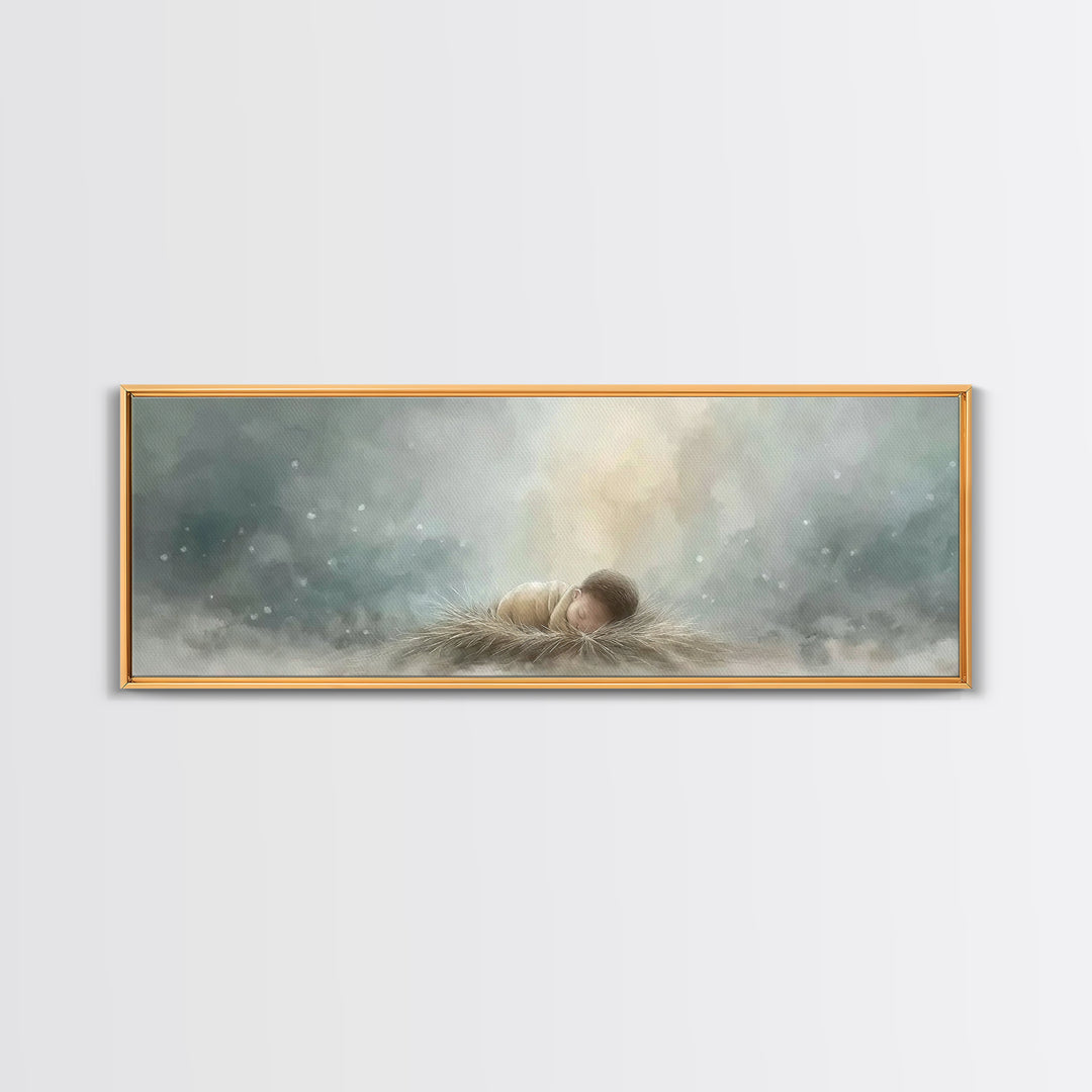 Heaven’s Gentle Gift – Framed Canvas Print – Panoramic Art – Christian Christmas Art – Christian Wall Art – Jesus Art Print