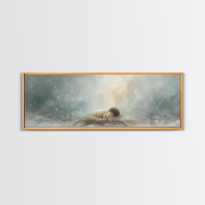 Heaven’s Gentle Gift – Framed Canvas Print – Panoramic Art – Christian Christmas Art – Christian Wall Art – Jesus Art Print