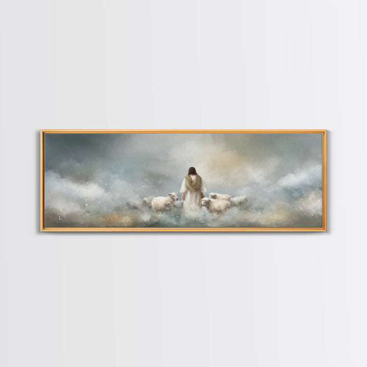 The Gentle Shepherd, Framed Canvas Print, Christian Art Canvas, Jesus Painting, Christian Wall Art, Panoramic Painting, Christian Gift Idea