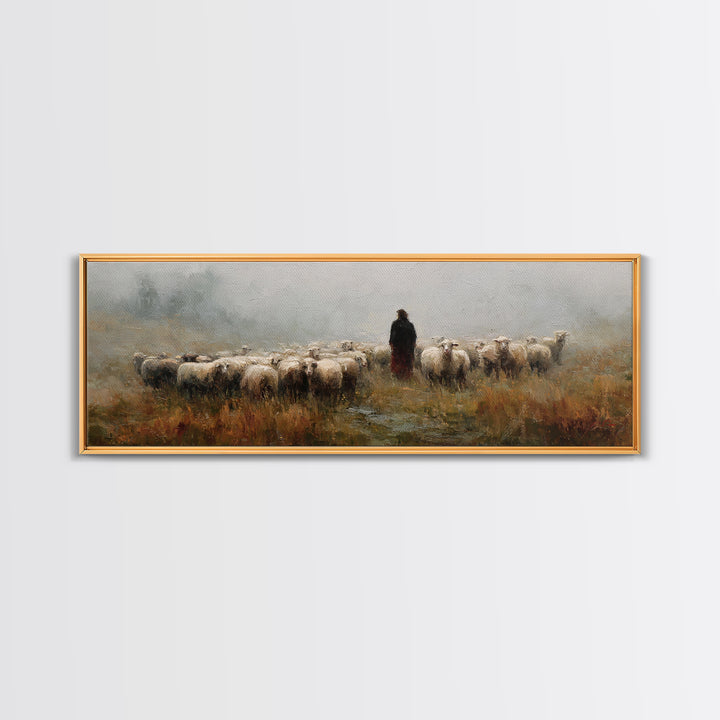 Fields Of His Care – Framed Canvas Print – Christian Art Print – Christian Wall Art – Jesus Painting – Panoramic Wall Art – Christian Chris