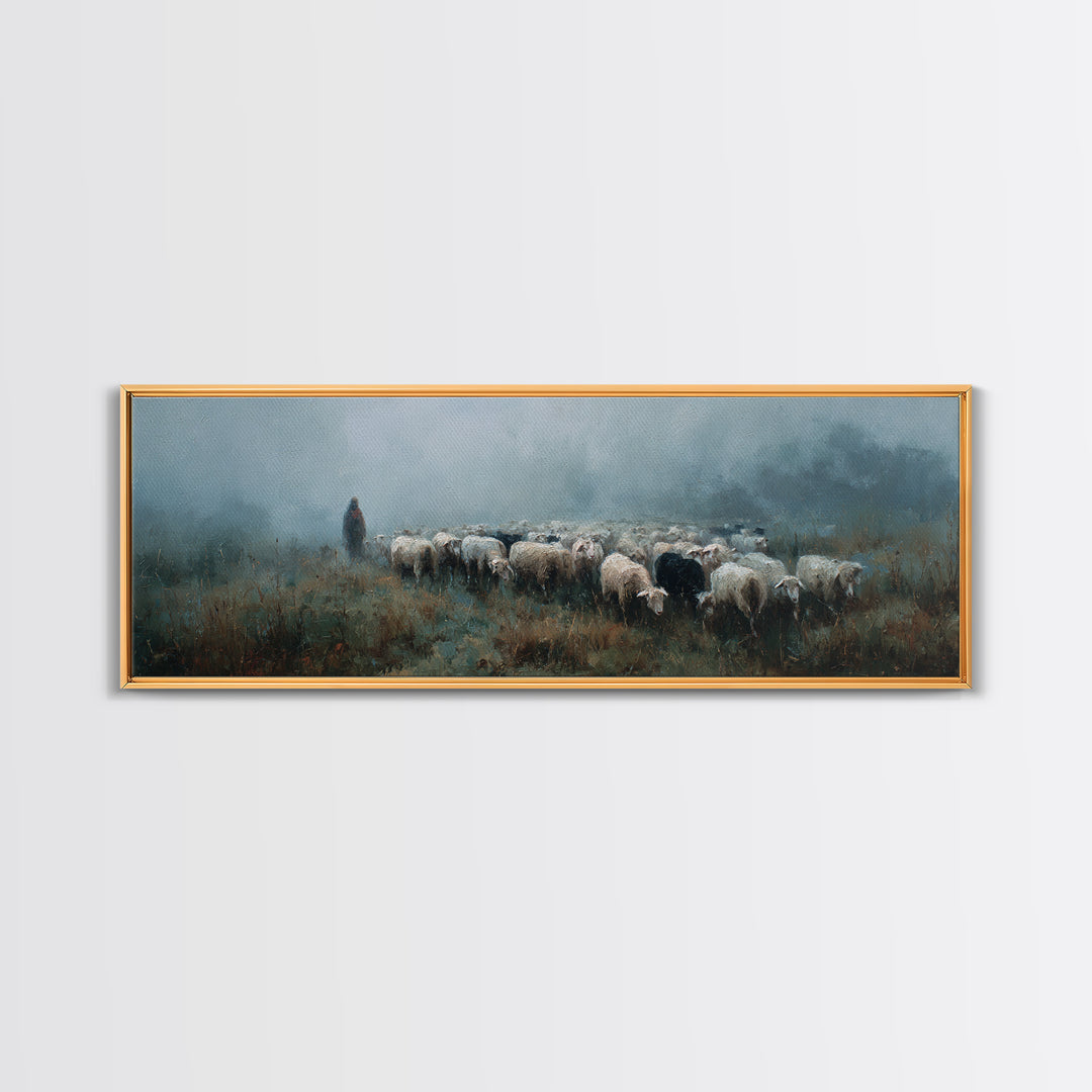 Morning Flock Grace – Framed Canvas Print – Christian Wall Art – Christian Art Canvas – Pastoral Scenery – Panoramic Art – Christian Gift I