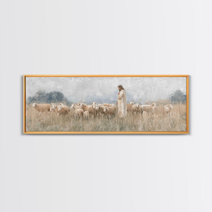 Gentle Shepherd Light | Framed Canvas Print | Panoramic Art | Christian Wall Art | Jesus Painting | Christmas Art