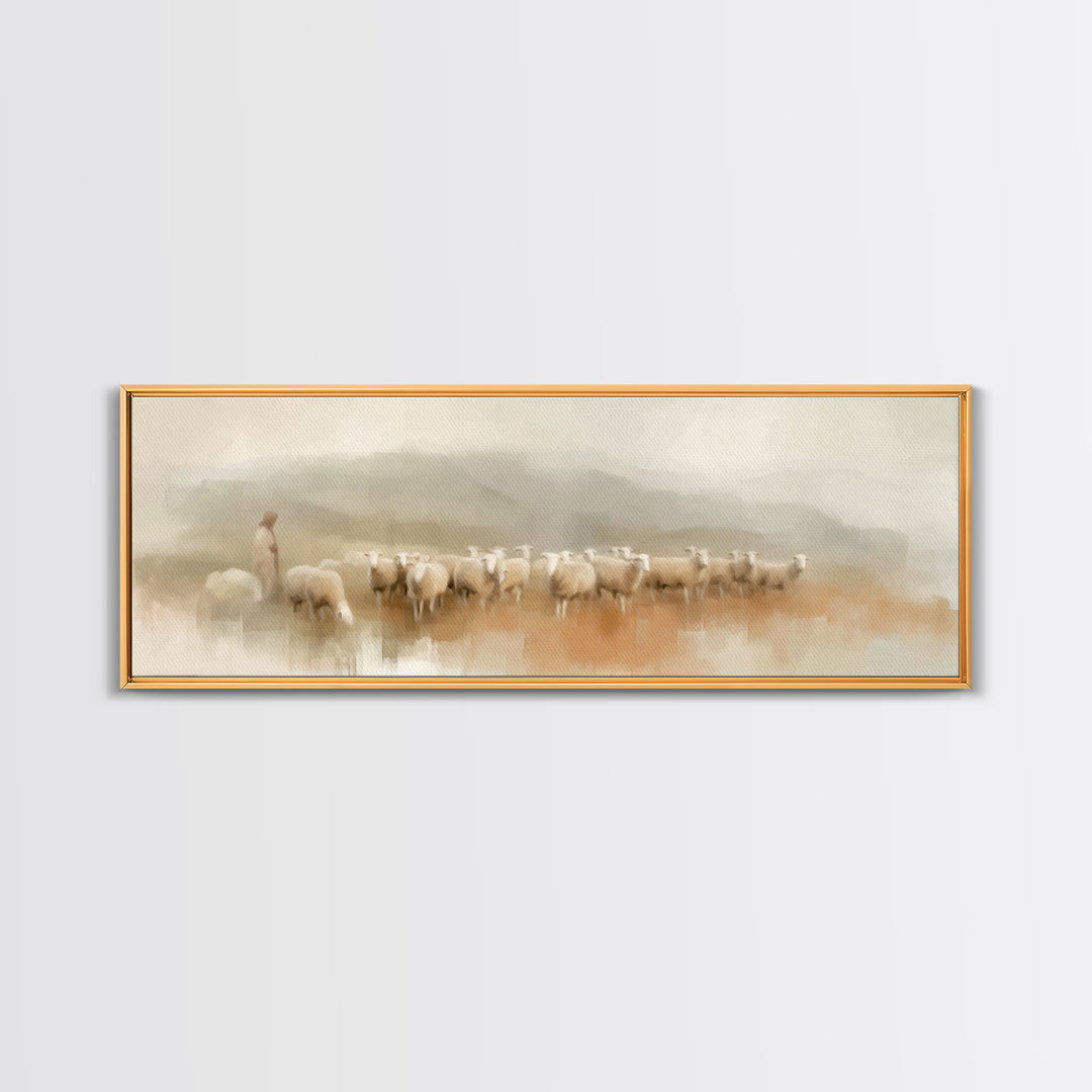Morning Shepherd Peace, Framed Canvas Print, Panoramic Print, Christian Wall Art, Jesus Painting, Christmas Art