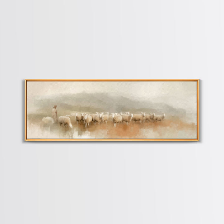 Morning Shepherd Peace, Framed Canvas Print, Panoramic Print, Christian Wall Art, Jesus Painting, Christmas Art