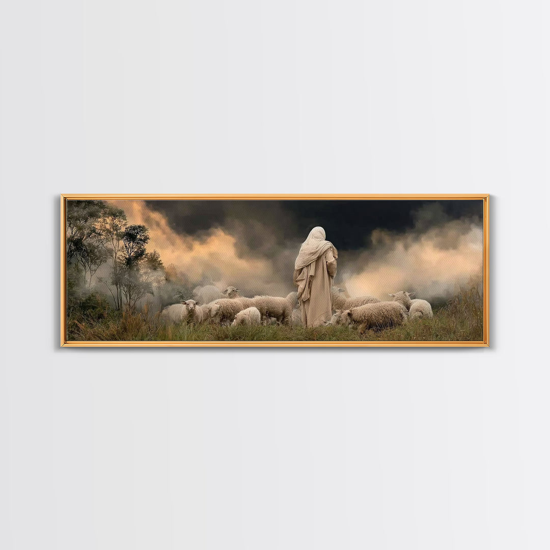 Shepherd’s Calm Dawn – Framed Canvas Print – Panoramic Art – Christian Art – Jesus Painting – Christmas Wall Art