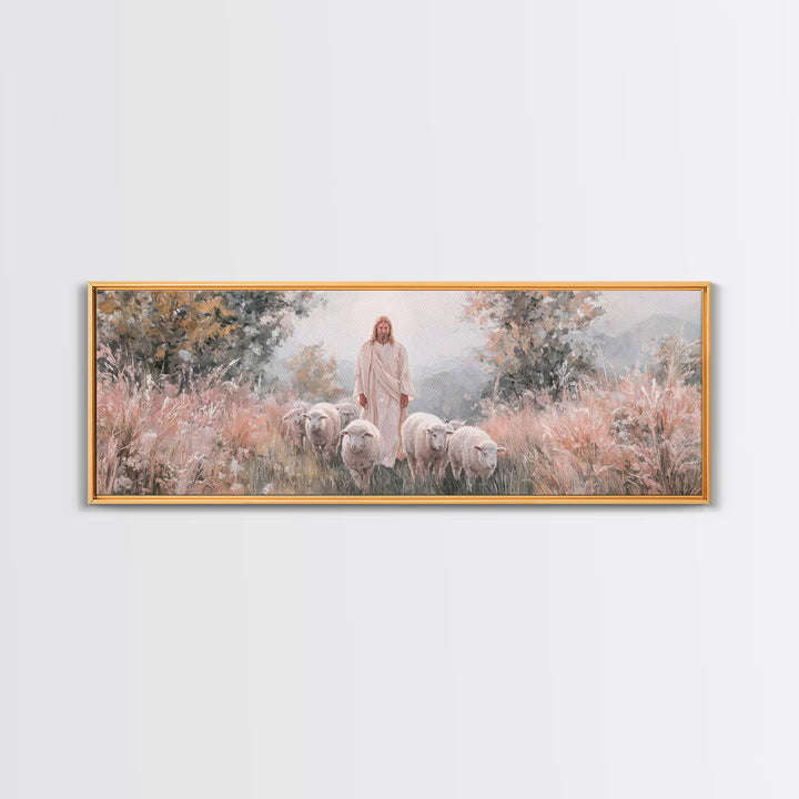 Everlasting Pasture, Framed Canvas Print, Panoramic Wall Art, Christian Art Canvas, Jesus Painting, Christmas Art