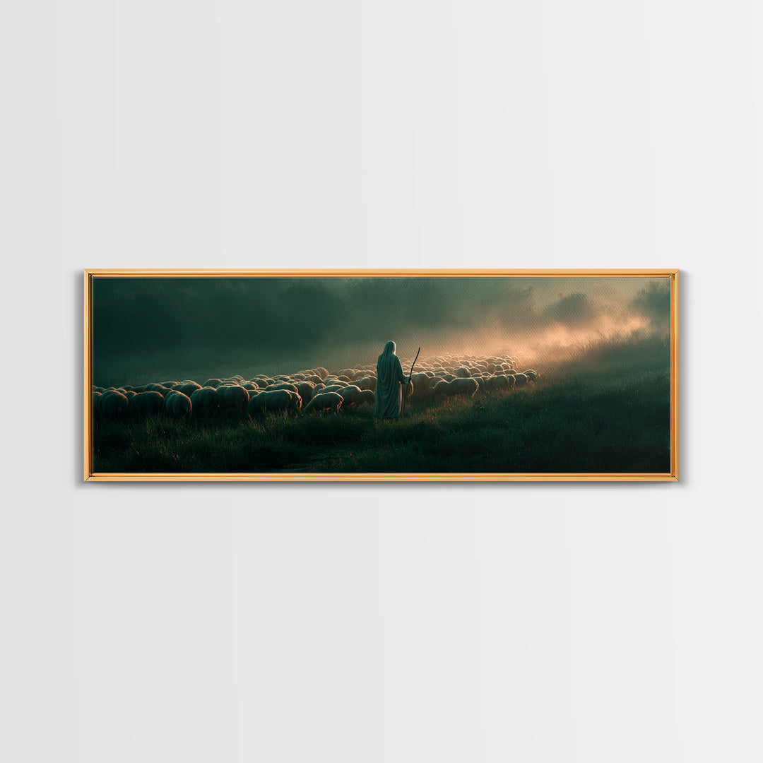 Shepherd’s Gentle Path | Framed Canvas Print | Panoramic Frame | Christian Art | Jesus Painting | Christmas Art