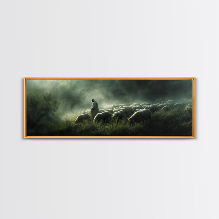 Haven Of The Shepherd, Framed Canvas Print, Panoramic Art, Christian Art Canvas, Jesus Painting, Christmas Decor