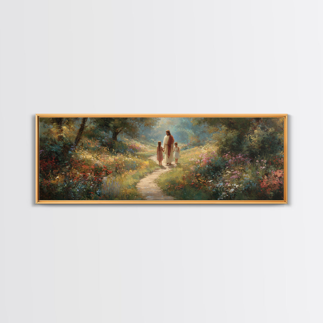 Sunlit Garden Peace – Framed Canvas Print – Panoramic Art – Jesus Painting – Christian Wall Art – Christian Art Print
